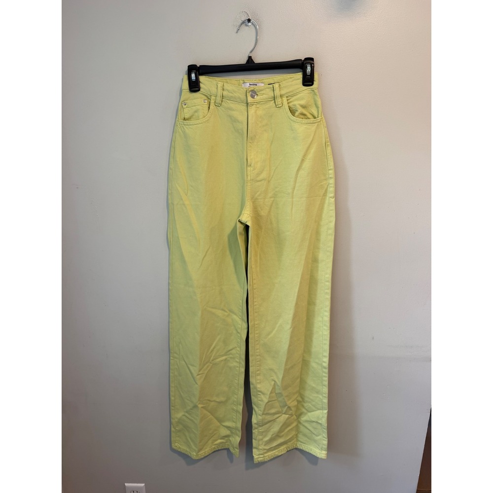 Bershka Wide Leg Jeans Lime Green High Waisted Denim Trousers Size 4
